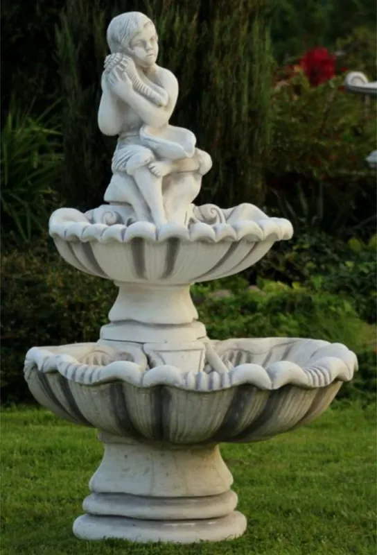 Ausverkauf Casa Padrino Fuente de Jardín Art Nouveau Niño con Conchas Gris 43 x 37 x A. 118 cm - Elegante Decoración de Jardín Fuente de Piedra - Accesorios de Decoración de Jardín Barroco y Art Nouveau