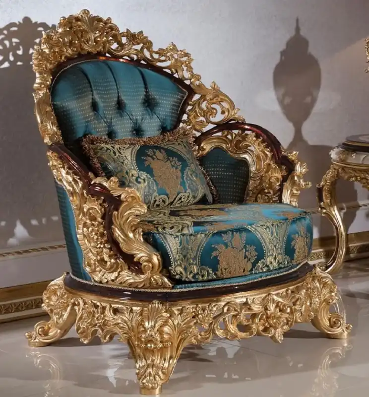 Bestpreis Casa Padrino sillón barroco de lujo azul / beige / marrón / oro - Magnífico sillón de salón con patrón elegante - Muebles de salón barrocos - Noble y Magnífico