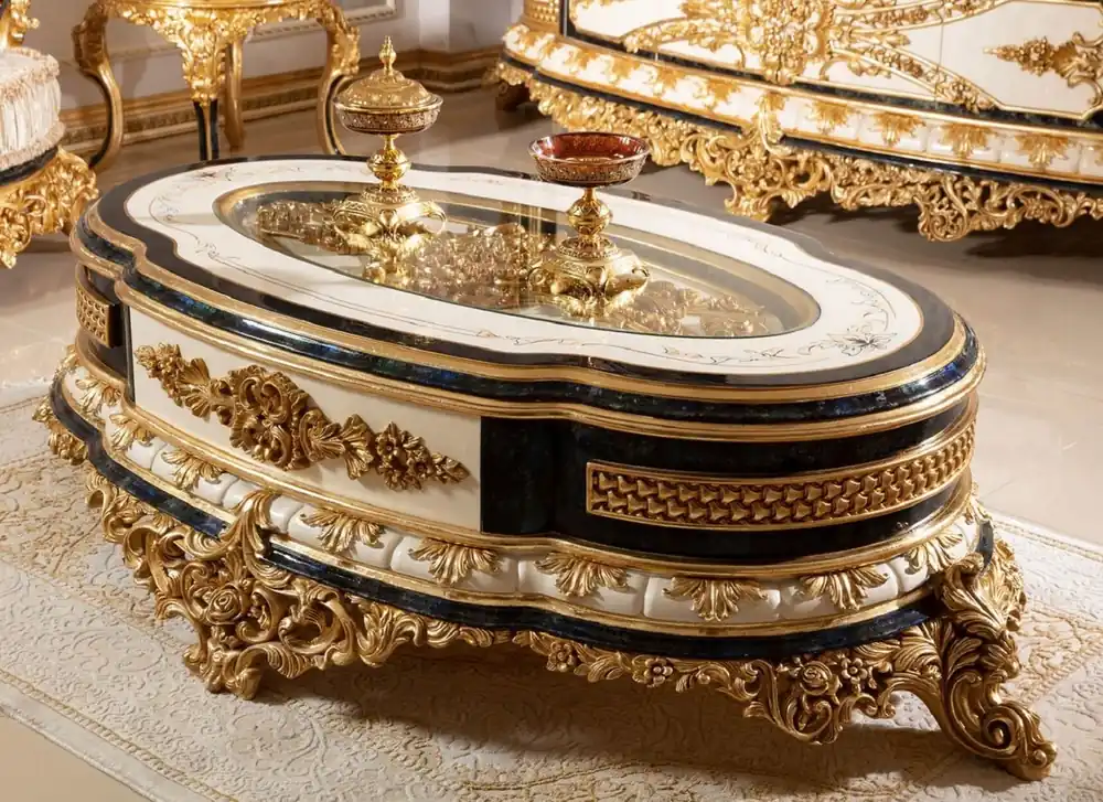 Casa Padrino mesa de centro barroco de lujo blanco / azul / oro - Magnífica mesa de salón de madera maciza con tapa de vidrio - Muebles de salón barrocos - Noble y Magnífica Angebot
