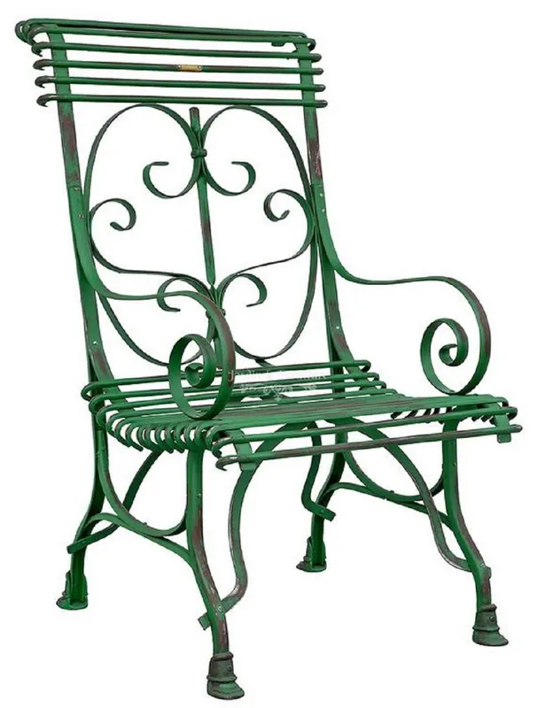 Sale Casa Padrino silla de jardín Art Nouveau verde antiguo 64 x 66 x A. 114 cm - Silla de hierro forjado hecha a mano con reposabrazos - Muebles de jardín nostálgicos