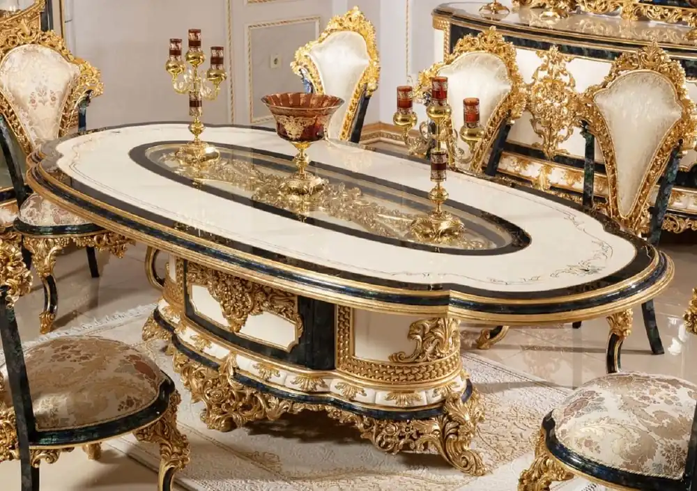 Must-Have Casa Padrino mesa de comedor barroco de lujo blanco / azul / oro - Magnífica mesa de comedor de madera maciza de estilo barroco - Muebles de comedor barrocos - Noble y Magnífico