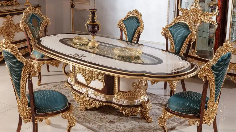 Casa Padrino conjunto de comedor barroco de lujo blanco / marrón / azul / oro - 1 Mesa de Comedor Barroco y 6 Sillas de Comedor Barroco - Muebles de comedor barrocos - Noble y Magnífico Meistverkauft