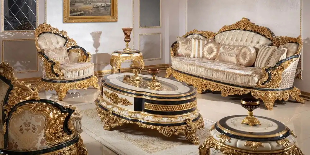 Casa Padrino conjunto de sala de estar barroco de lujo oro / blanco / azul / oro - 2 Sofás y 2 Sillones y 1 Mesa de Centro y 2 Mesas Auxiliares - Muebles de salón hechos a mano estilo barroco Echt