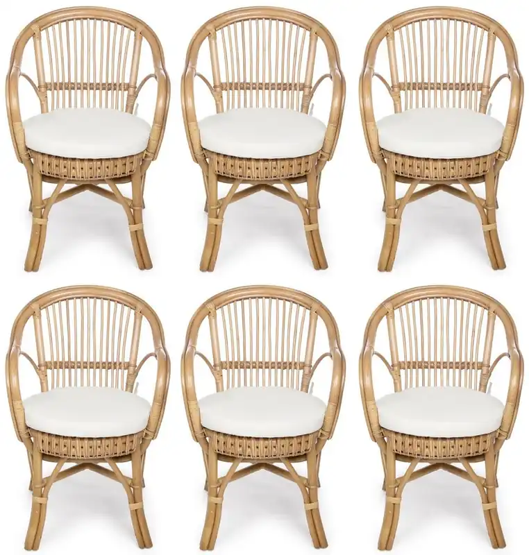 Casa Padrino conjunto de 6 sillas de jardín de lujo natural / blanco 57 x 61 x A. 80 cm - Sillas de ratán con reposabrazos y cojines de asiento - Muebles de jardín y terraza modernos de ratán Direkt Vom Hersteller