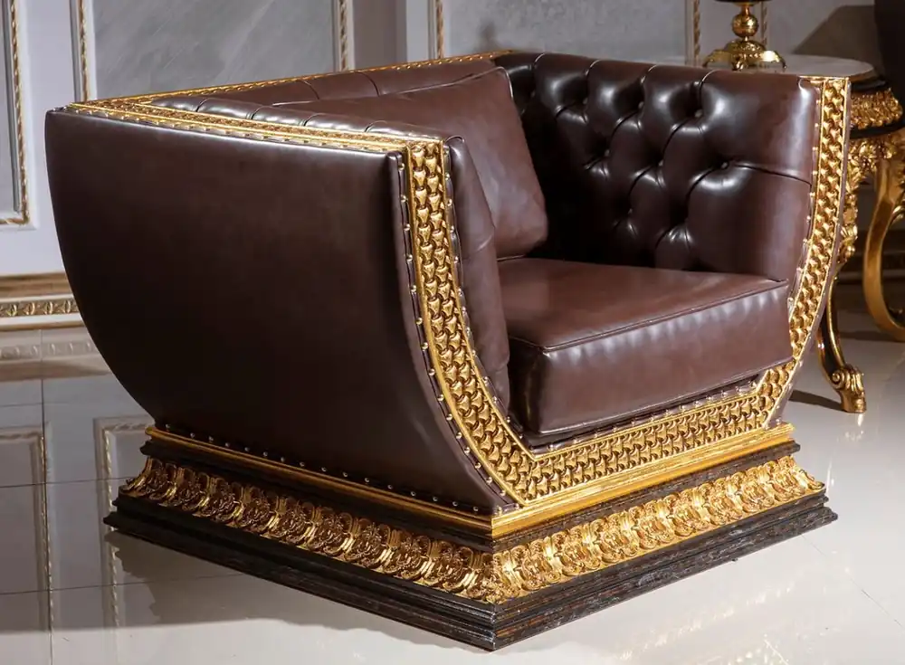 Casa Padrino sillón Chesterfield barroco de lujo marron oscuro / oro - Magnífico sillón de salón con fina cuero artificial - Muebles de Salón Chesterfield Barroco Nur Für Kurze Zeit