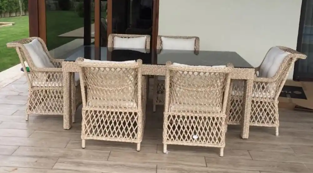 Begrenztes Angebot Casa Padrino conjunto de muebles de jardín de ratán de lujo natural - 1 Mesa de Comedor de Jardín con Tapa de Vidrio y 6 Sillas de Jardín con Reposabrazos - Muebles de jardín y patio de ratán