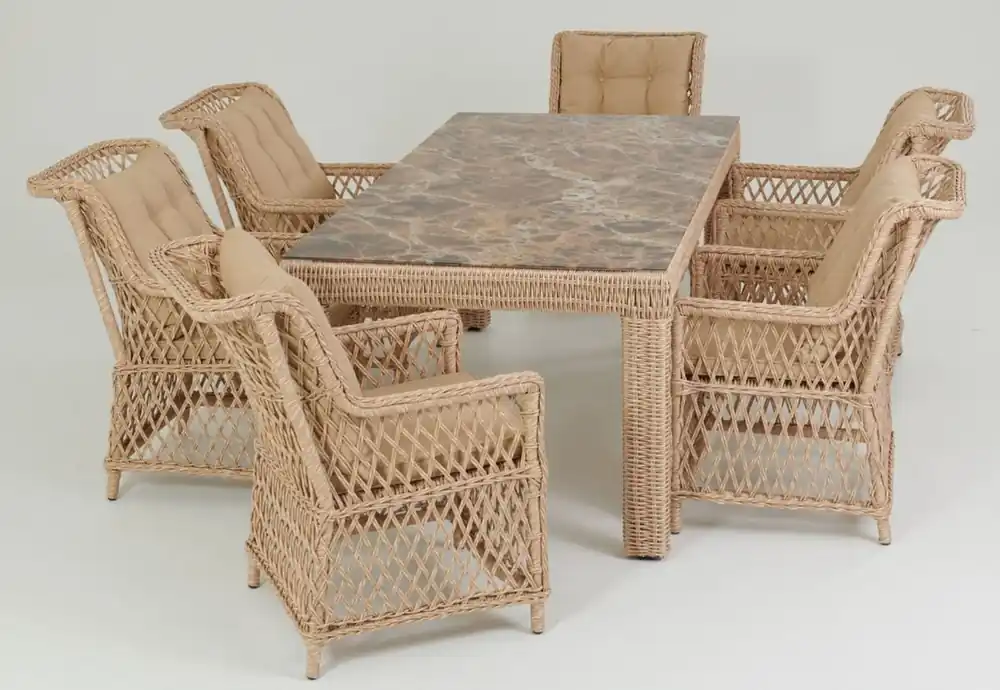 Casa Padrino conjunto de muebles de jardín de ratán de lujo natural / beige / marrón - 1 Mesa de Comedor de Jardín con Tapa de Vidrio con Aspecto de Mármol y 6 Sillas de Jardín con Reposabrazos Sofort Bestellen