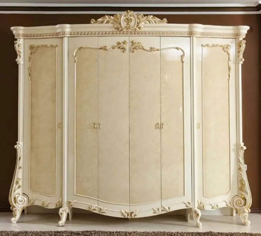 Casa Padrino armario de dormitorio barroco de lujo beige / blanco / oro - Magnífico armario de madera maciza con 6 puertas - Muebles de dormitorio barroco - Noble y Magnífico Versand Am Gleichen Tag