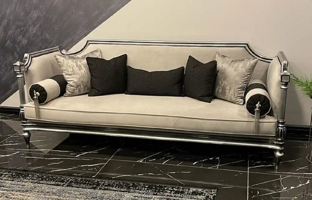 Casa Padrino sofá barroco de lujo crema / plata / negro - Sofá de salón hecho a mano en estilo barroco - Muebles de salón barrocos Kracherpreis