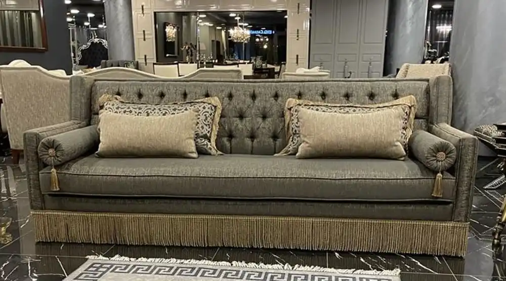 Casa Padrino sofá Art Deco Chesterfield de lujo gris / beige - Sofá de salón de madera maciza hecho a mano - Muebles de Salón Art Deco Chesterfield de Lujo Zertifiziert