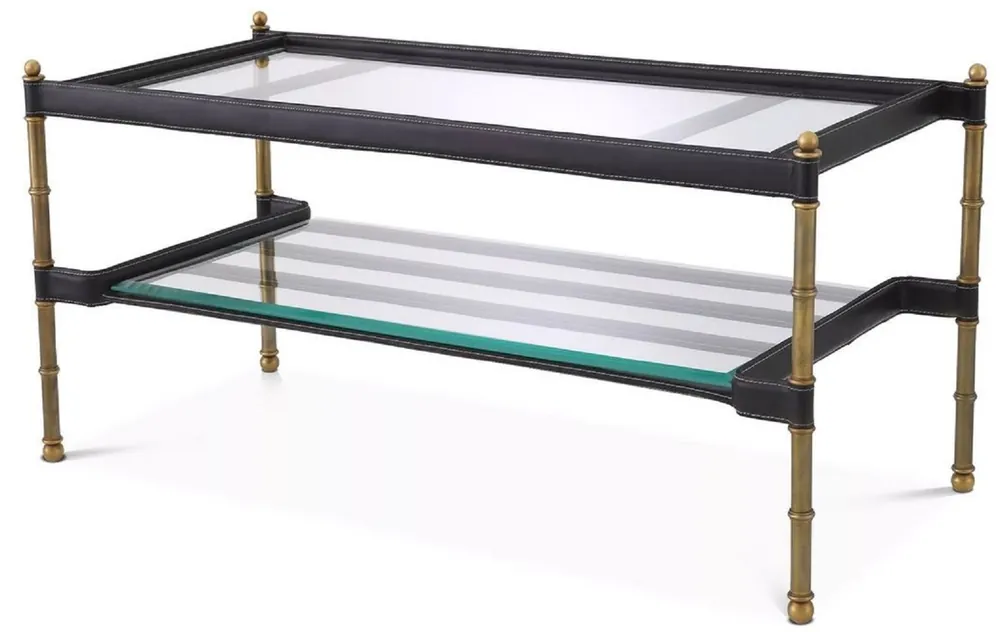 Direkt Vom Hersteller Casa Padrino mesa de centro de lujo latón vintage / negro 95 x 42 x A. 46 cm - Mesa de salón moderna con placas de vidrio y cuero genuino - Muebles de Salón - Muebles de Lujo