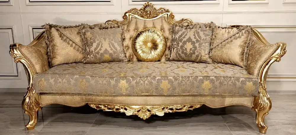 Zertifiziert Casa Padrino sofá barroco de lujo oro / gris / oro - Magnífico sofá de salón con patrón elegante - Muebles de salón y hotel barrocos - Noble y Magnífico