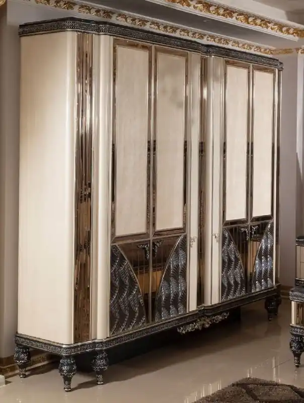 Casa Padrino armario de dormitorio barroco de lujo beige / negro / oro - Magnífico guardarropa de madera maciza de estilo barroco - Muebles de dormitorio y hotel barroco - Noble y Magnífico Top-Angebot