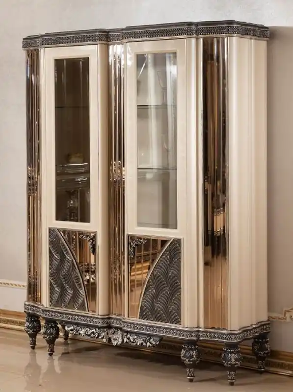 Casa Padrino vitrina barroco de lujo beige / negro / oro - Magnífica vitrina de madera maciza con 2 puertas de vidrio - Muebles Barrocos - Noble y Magnífico Aktuell