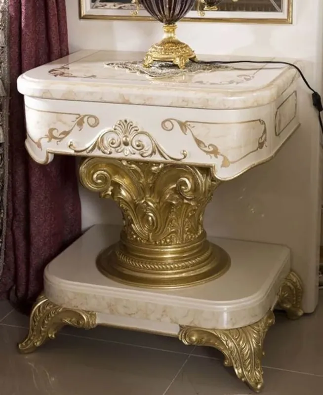 Markenprodukt Casa Padrino mesita de noche barroco de lujo blanco / beige / oro - Mesita de noche barroco hecha a mano con cajón - Muebles de dormitorio barrocos