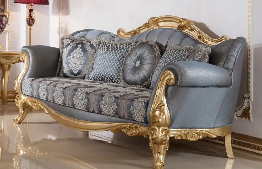 Casa Padrino sofá barroco de lujo azul / oro - Sofá de salón de estilo barroco hecho a mano con patrón elegante - Muebles de salón barrocos - Noble y Magnífico Sale