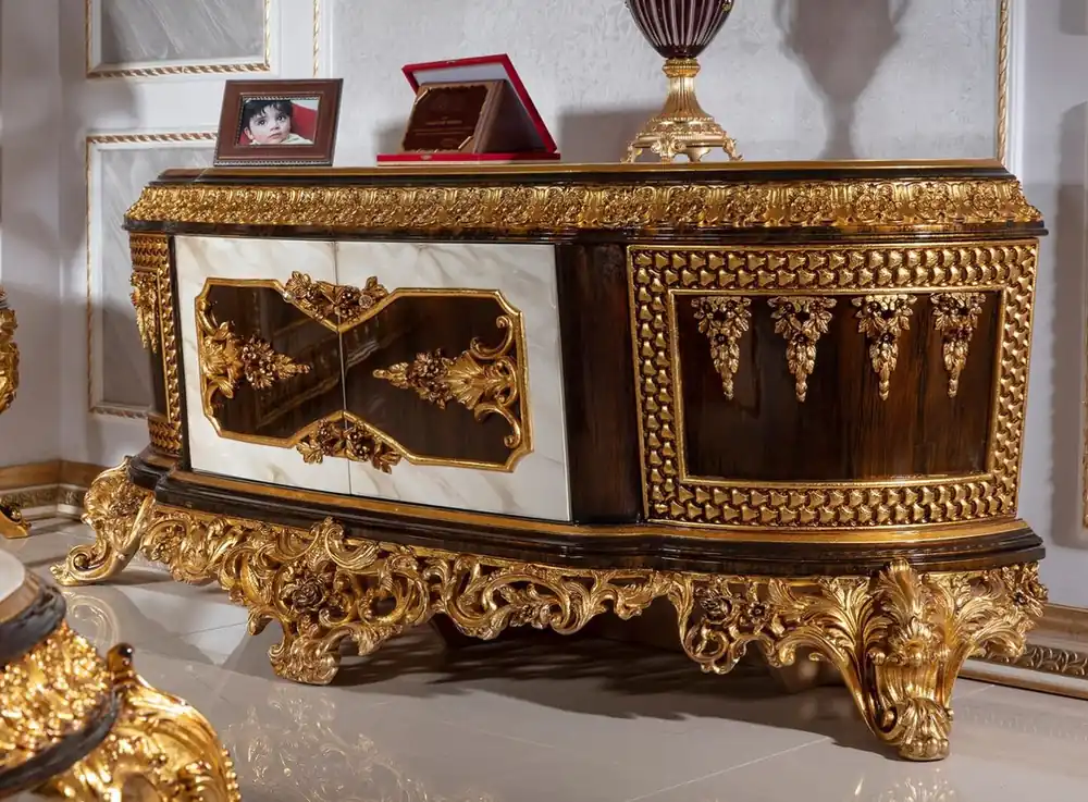 Neue Ware Casa Padrino gabinete TV barroco de lujo blanco / marrón oscuro / oro - Magnífico aparador de madera maciza con aspecto de mármol - Muebles de salón barrocos - Noble y Magnífico