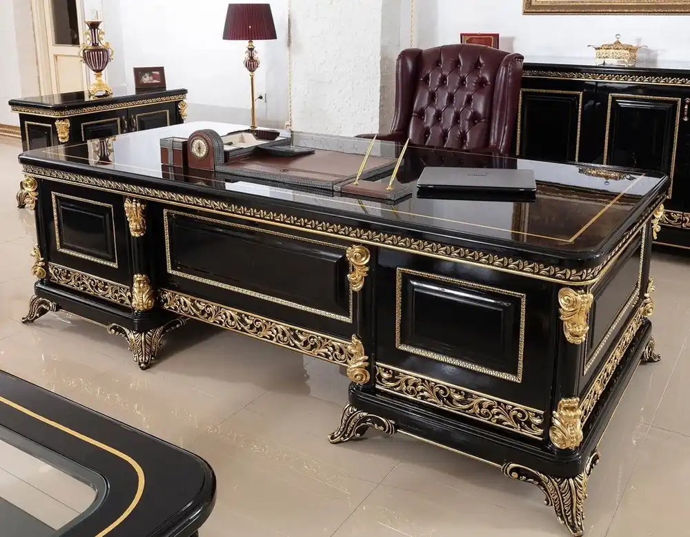 Günstig Casa Padrino conjunto de muebles de oficina barrocos de lujo rojo burdeos / negro / oro - 1 Escritorio Barroco con y 1 Silla de Oficina Barroco Chesterfield con Cuero Artificial Fino