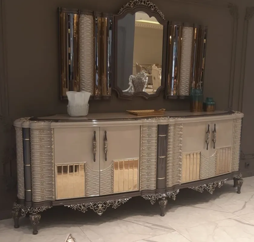 Casa Padrino conjunto de muebles barrocos de lujo gris / marrón / oro - 1 Aparador Barroco con 4 Puertas y 1 Espejo de Pared Barroco - Muebles Barroco Hechos a Mano - Noble y Magnífico Schnäppchen