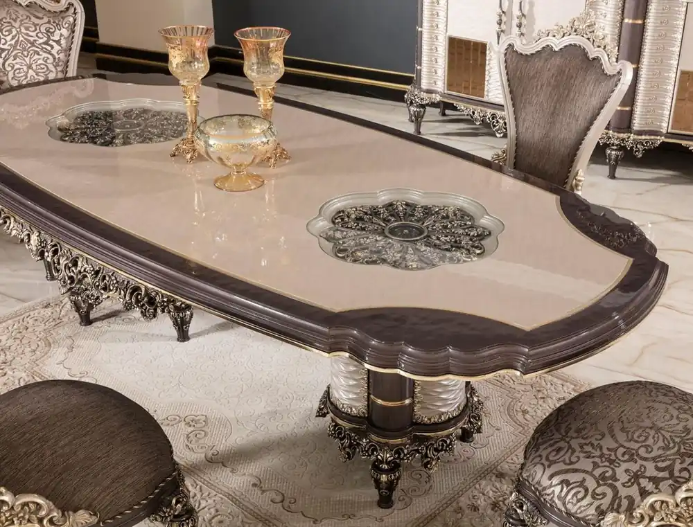 Casa Padrino mesa de comedor barroco de lujo gris / marrón / oro - Magnífica mesa de comedor de madera maciza de estilo barroco - Muebles de comedor barrocos - Noble y Magnífico Top-Angebot