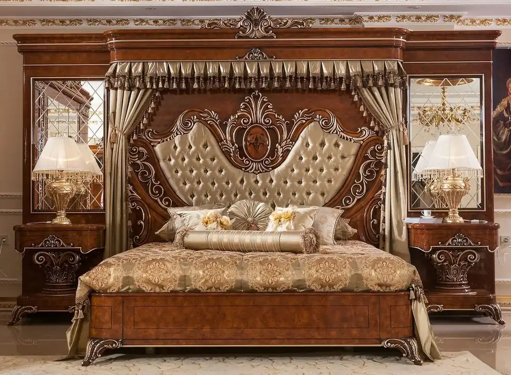 Casa Padrino conjunto de dormitorio barroco de lujo oro / marrón / bronce - 1 Cama Doble con Cabecera y Respaldo y 2 Mesitas de Noche - Muebles de dormitorio barroco - Noble y Magnífico Billig