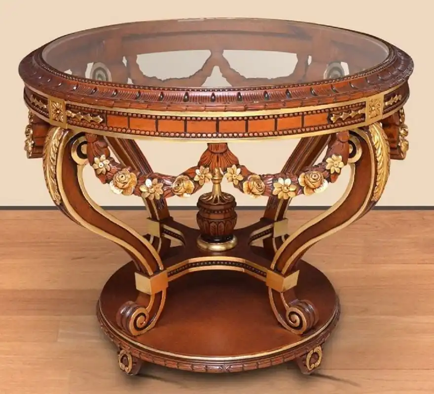 Casa Padrino mesa de conferencia barroco marrón / oro - Mesa de oficina redonda de madera maciza con tapa de vidrio - Muebles de oficina barrocos - Noble y Magnífico Neue Ware