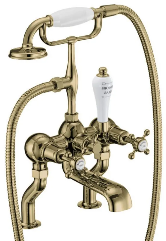 Expressversand Casa Padrino grifo de baño Art Nouveau de lujo oro / blanco A. 50,3 cm - Grifo de baño de latón nostálgico con ducha de mano - Accesorios de baño nostálgicos
