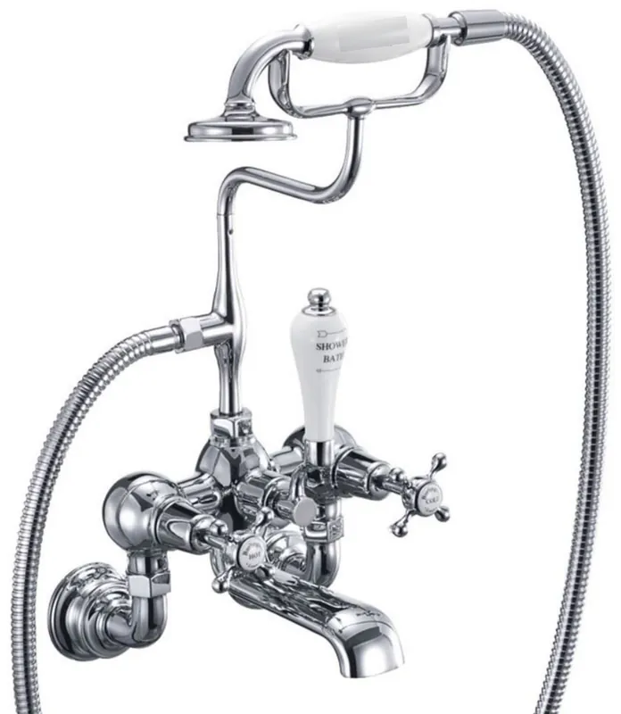 Jetzt Kaufen Casa Padrino grifo de baño Art Nouveau de lujo plata / blanco A. 46,95 cm - Grifo de baño de latón nostálgico con ducha de mano - Accesorios de baño nostálgicos