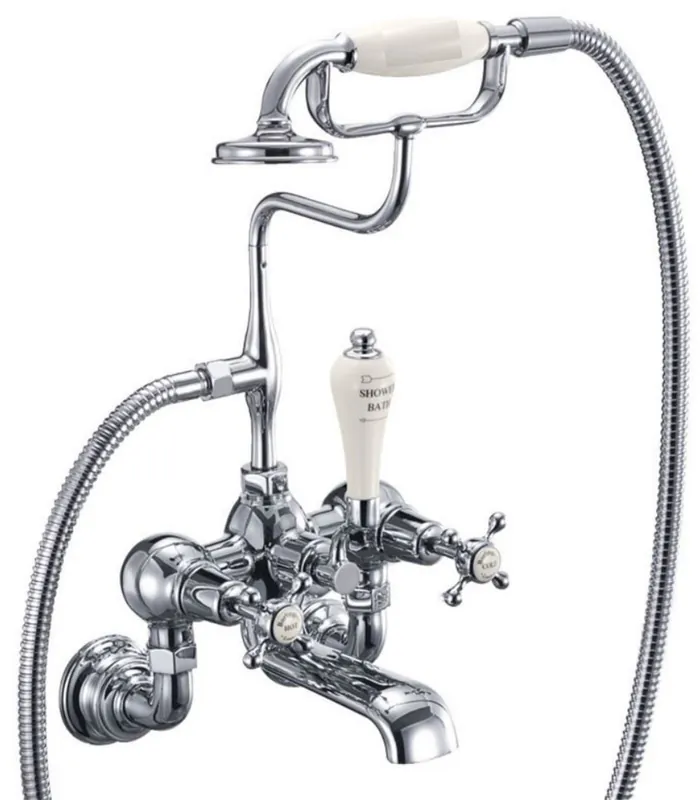 Casa Padrino grifo de baño Art Nouveau de lujo plata / crema A. 46,95 cm - Grifo de baño de latón nostálgico con ducha de mano - Accesorios de baño nostálgicos Top-Preis