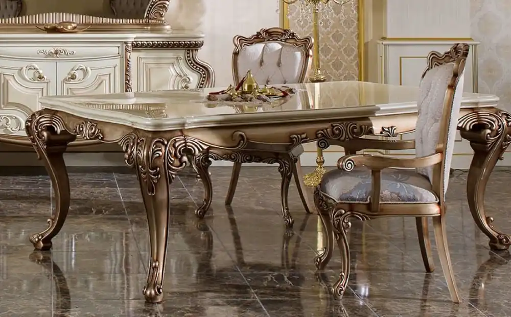 Casa Padrino mesa de comedor barroco de lujo blanco / beige / cobre - Magnífica mesa de comedor de madera maciza de estilo barroco - Magníficos muebles de comedor barrocos Rabatt