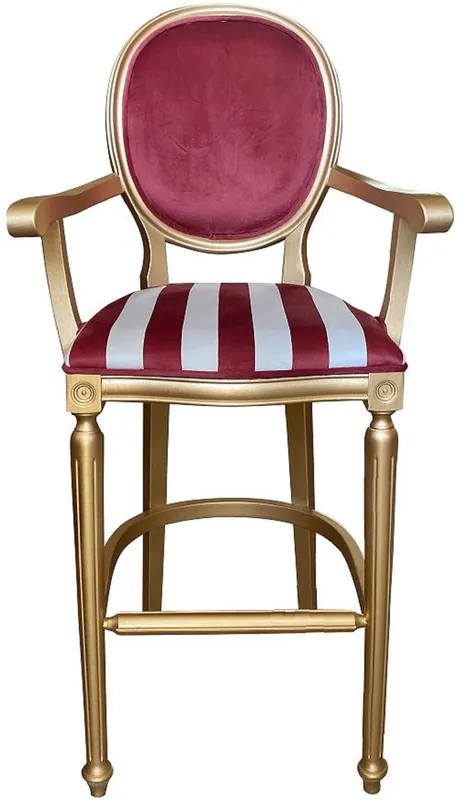 Casa Padrino silla de bar barroco con reposabrazos rojo burdeos / blanco / oro - Taburete de bar de estilo antiguo en terciopelo a rayas - Muebles de bar barrocos hechos a mano Kracherpreis