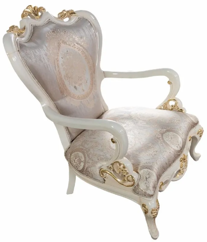 Neue Kollektion Casa Padrino sillón barroco de lujo plata / blanco / oro - Magnífico sillón de salón con patrón elegante - Muebles de salón barrocos