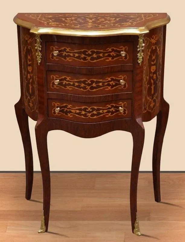 Finale Aktion Casa Padrino mesita de noche barroco marrón oscuro marquetería / oro - Cómoda hecha a mano barroco - Mesita de noche de estilo antiguo - Mesa auxiliar con 3 cajones - Muebles Barrocos