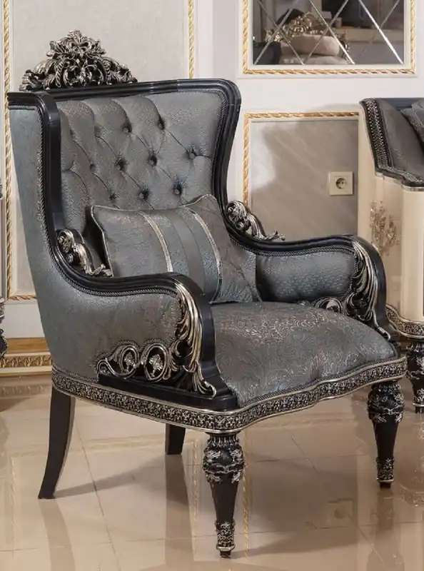 Aktuell Casa Padrino sillón barroco de lujo azul claro / negro / oro - Sillón de salón de estilo barroco hecho a mano con patrón elegante - Muebles de salón barrocos - Noble y Magnífico