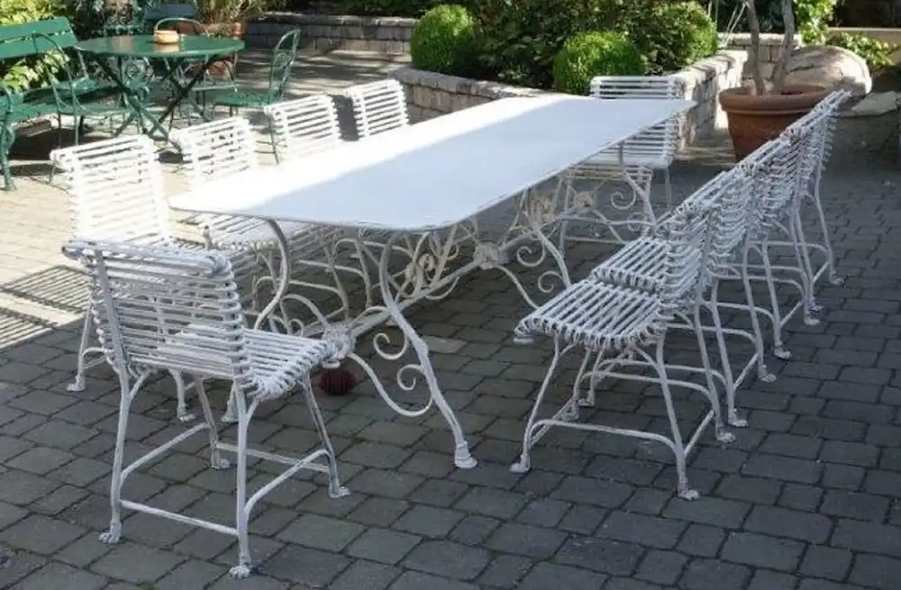 Zertifiziert Casa Padrino Conjunto de Muebles de Jardín Art Nouveau de Hierro Forjado Blanco Antiguo - 1 Mesa de Jardín y 10 Sillas de Jardín - Muebles de Jardín y Gastronomía Barroco y Art Nouveau
