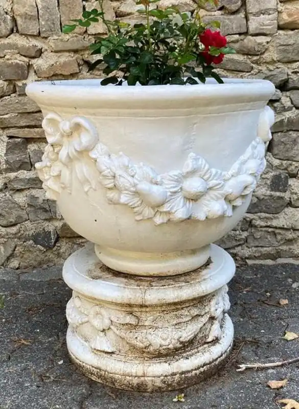 Aktuell Casa Padrino maceta barroco con pedestal blanco Ø 47 x A. 79 cm - Magnífico macetero con pedestal redonda de estilo barroco - Accesorios de decoración de jardín barroco
