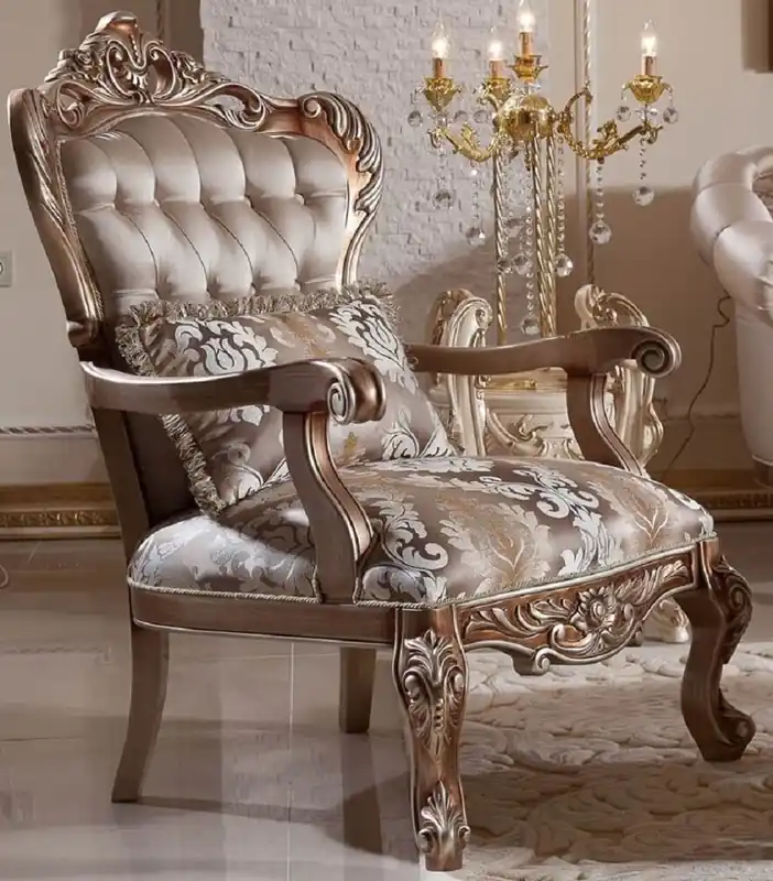 Casa Padrino sillón barroco de lujo gris / cobre / plata - Sillón de salón de estilo barroco hecho a mano con patrón elegante - Muebles de salón barrocos - Noble y Magnífico Direktkauf