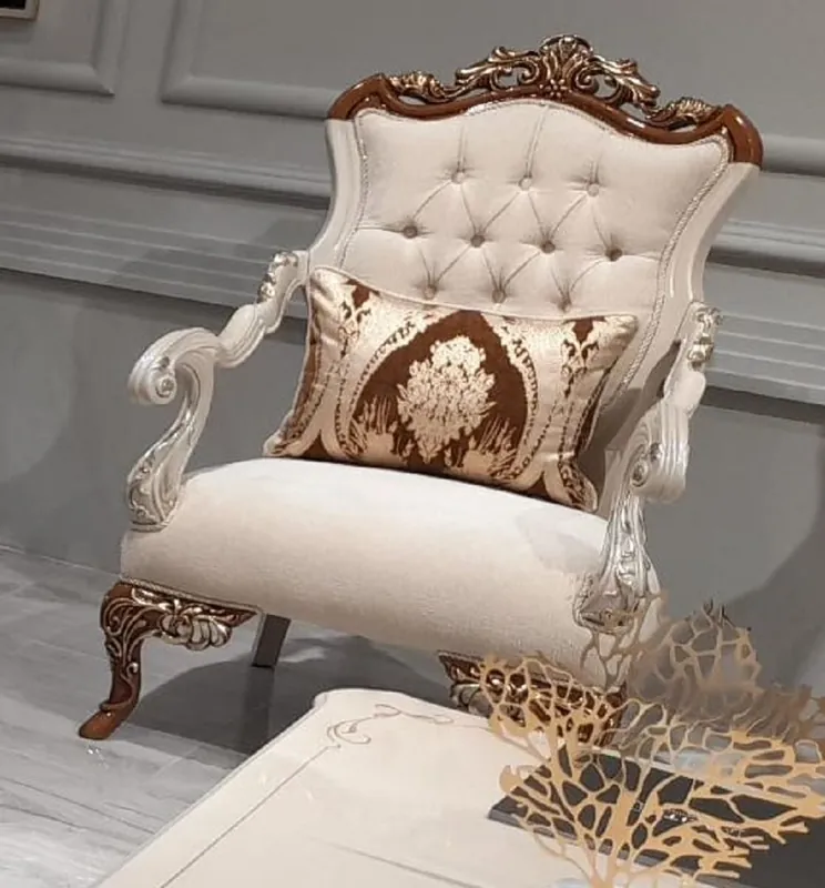 Sale Casa Padrino sillón barroco de lujo beige / gris / marrón / oro - Sillón de salón de estilo barroco hecho a mano - Muebles de salón barrocos - Noble y Magnífico