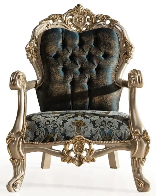Casa Padrino sillón barroco de lujo azul oscuro / turquesa / plata / oro - Magnífico sillón de salón con patrón elegante - Muebles de salón barrocos Preisknaller