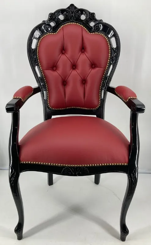 Nur Für Kurze Zeit Casa Padrino silla de comedor de cuero barroco de lujo con reposabrazos rojo burdeos / negro - Magnífica silla de cuero genuino en estilo barroco - Muebles de comedor barrocos - Hecho en Italia