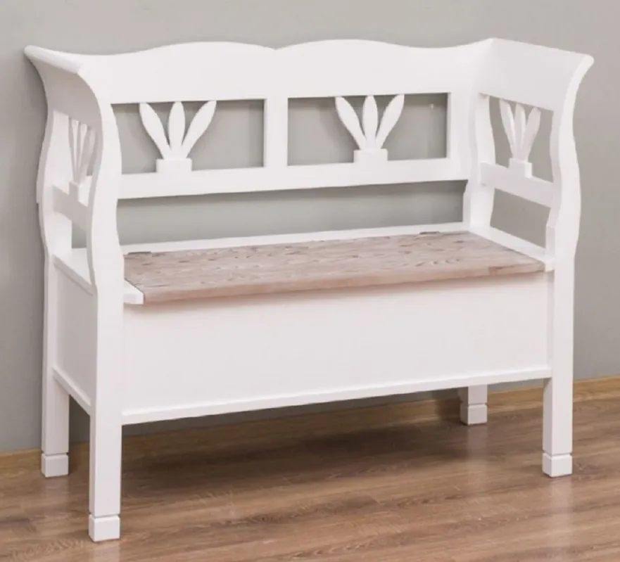 Top-Seller Casa Padrino banco de estilo campestre blanco / natural 117 x 48 x A. 92 cm - Banco de madera maciza con espacio de almacenamiento - Muebles de madera maciza - Muebles de estilo campestre