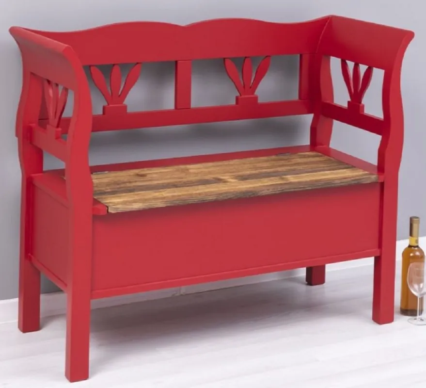 Casa Padrino banco de estilo campestre rojo / marrón 117 x 48 x A. 92 cm - Banco de madera maciza con espacio de almacenamiento - Muebles de madera maciza - Muebles de estilo campestre Markenware