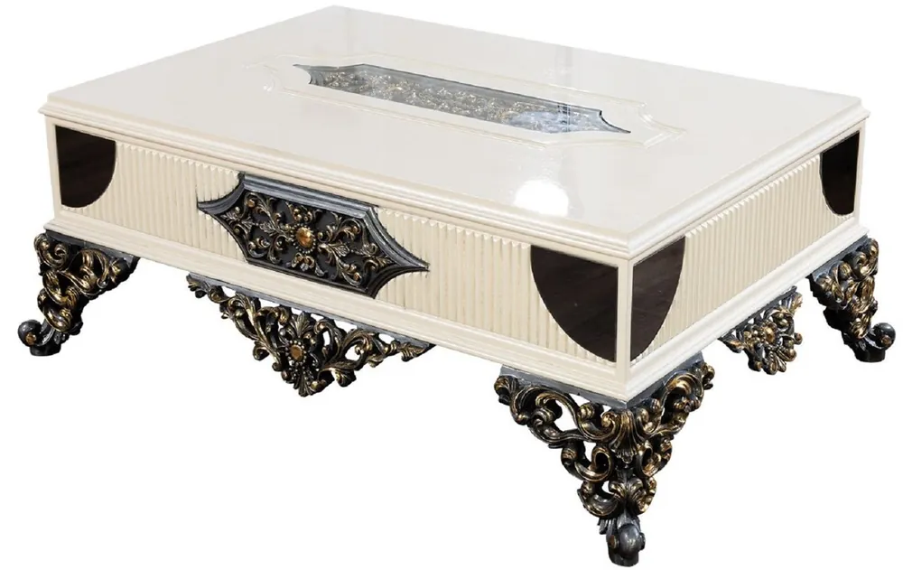 Markenware Casa Padrino mesa de centro barroco de lujo blanco / crema / negro / azul / oro - Magnífica mesa de salón de estilo barroco - Muebles de salón estilo barroco - Muebles de lujo estilo barroco