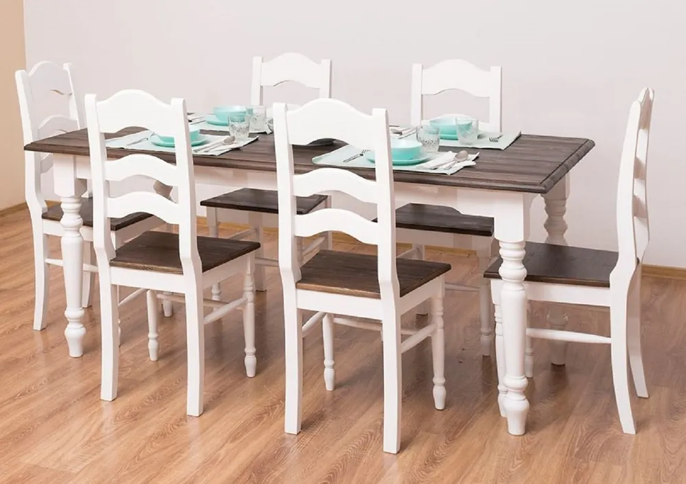 Casa Padrino conjunto de muebles de comedor de estilo campestre blanco / marrón oscuro - 1 Mesa de Comedor y 6 Sillas de Comedor - Muebles de comedor de madera maciza de estilo campestre Must-Have