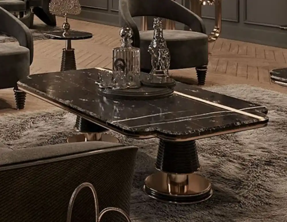 Casa Padrino mesa de centro de lujo negro / oro 150 x 80 x A. 42,5 cm - Mesa de salón con tablero de mármol artificial - Muebles de salón de lujo - Muebles de hotel - Interior de lujo Aktuell