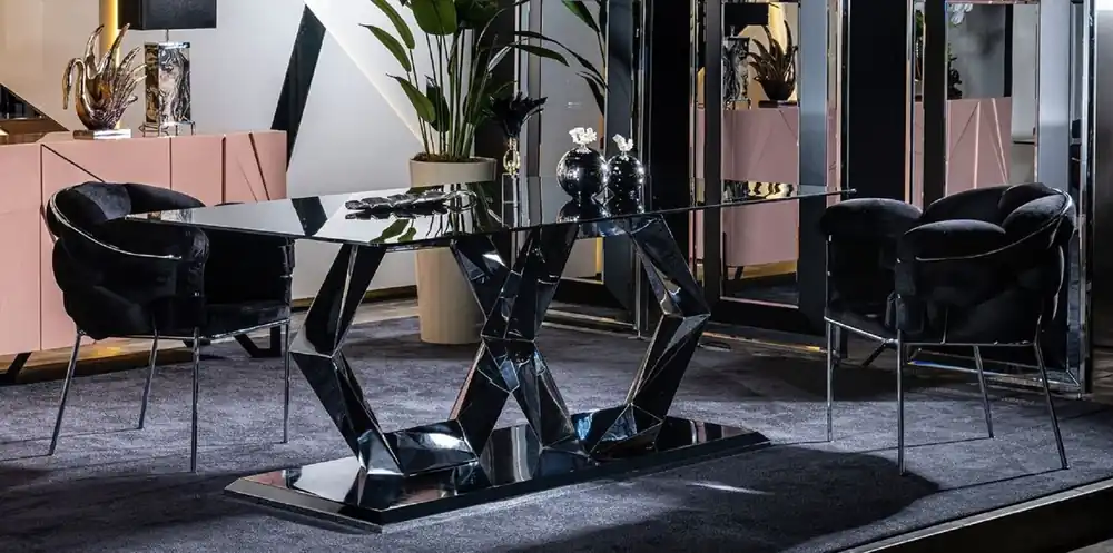 Neu Casa Padrino Conjunto de Muebles de Comedor de Diseño de Lujo Negro / Plata - 1 Mesa de Comedor de Vidrio de Lujo y 6 Sillas de Comedor de Lujo - Muebles de Comedor - Muebles de Lujo