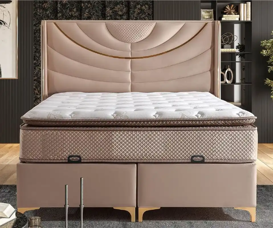 Casa Padrino cama doble de lujo beige / oro - Varios Tamaños - Cama de madera maciza con cabecero y colchón - Muebles de dormitorio - Muebles para hoteles - Muebles de lujo Schneller Versand