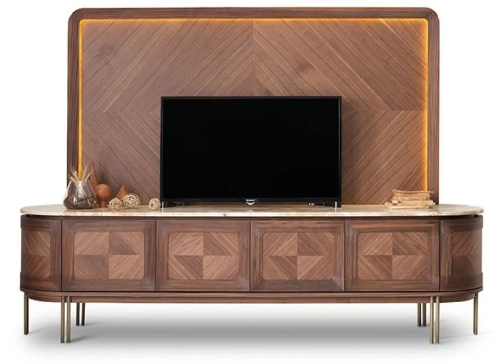 Neue Kollektion Casa Padrino conjunto de armario de TV de lujo marrón / beige / latón - Aparador de salón con 4 puertas y pared trasera de TV iluminada - Muebles de salón - Muebles de hotel - Muebles de lujo