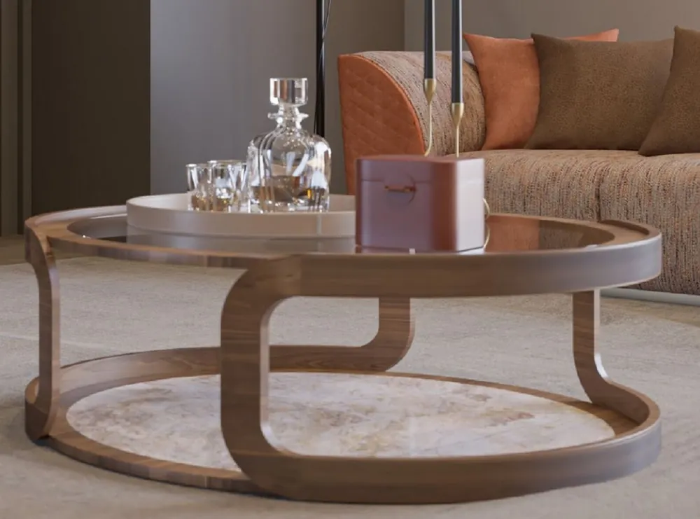 Casa Padrino mesa de centro de lujo marrón / beige Ø 120 x A. 40 cm - Mesa de salón redonda de madera maciza con tapa de vidrio y tapa de mármol - Muebles de salón - Muebles de lujo Ausverkauf