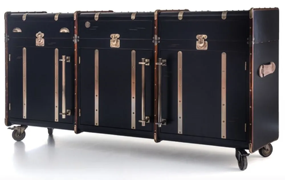 Casa Padrino aparador de lujo en óptica de maleta negro / marrón / latón 200 x 48 x A. 101 cm - Armario maleta de madera maciza con ruedas - Armario de oficina - Armario de salón - Muebles de lujo Echt